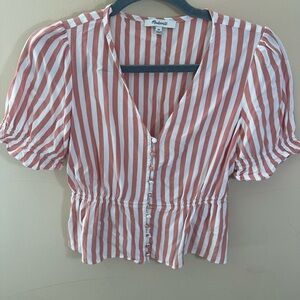 Madewell Rust and White Striped Button Front Peplum Top